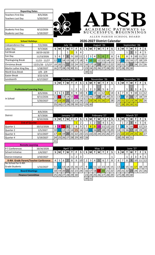 Allen Parish School Board 2026–2027 Academic Calendar