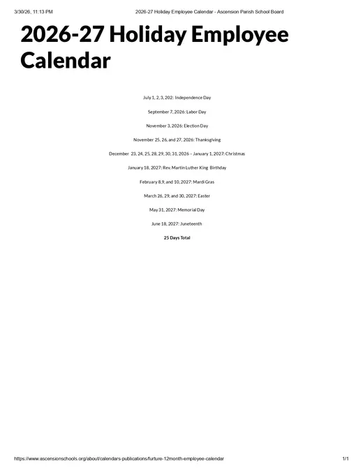 Ascension Parish School Board 2026–2027 Academic Calendar
