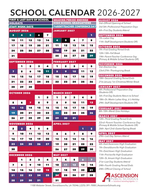 Ascension Public Schools 2026–2027 Academic Calendar