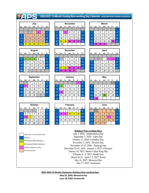 Assumption Parish Schools 2026–2027 Academic Calendar