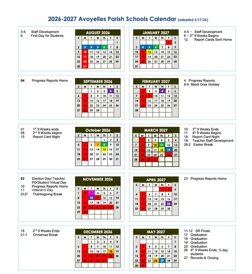 Avoyelles Parish Schools 2026–2027 Academic Calendar Page 1