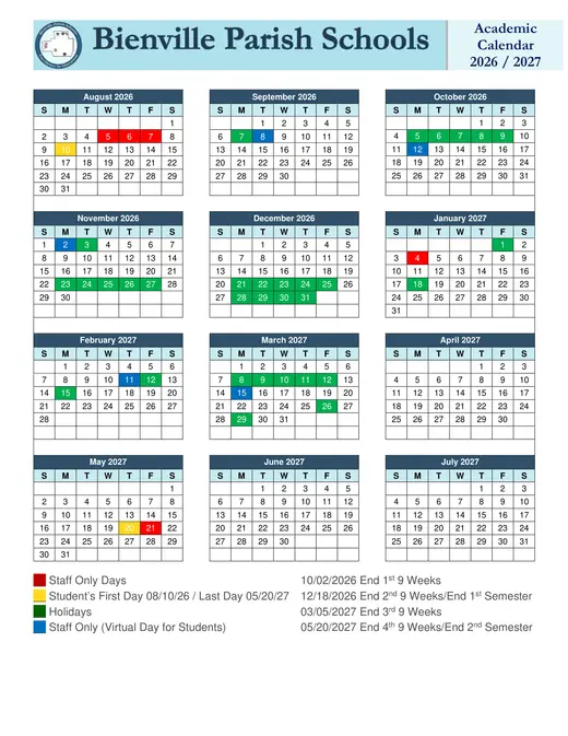 Bienville Parish Schools 2026–2027 Academic Calendar