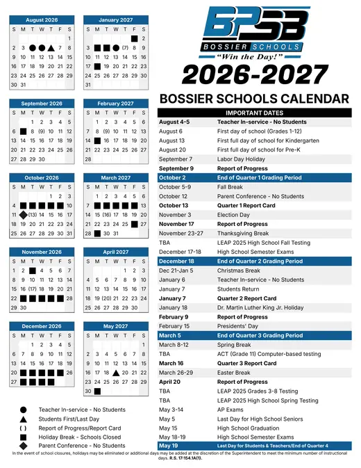 Bossier Schools 2026–2027 Academic Calendar