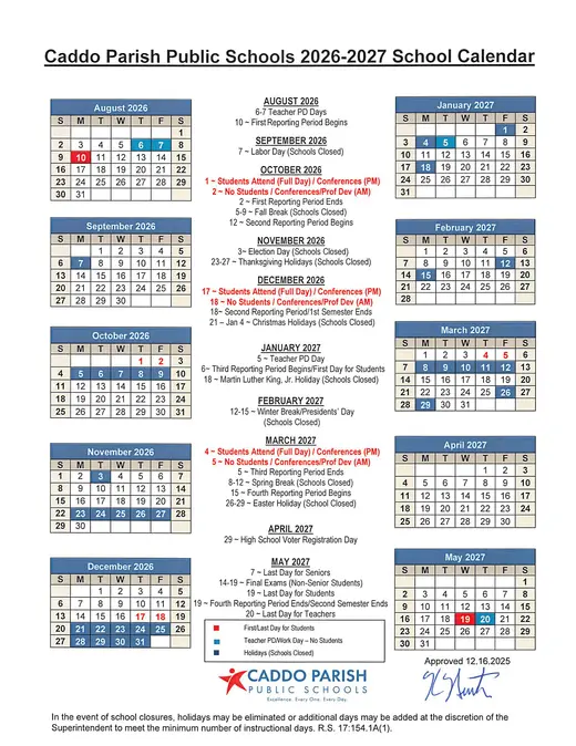Caddo Parish Public Schools 2026–2027 Academic Calendar