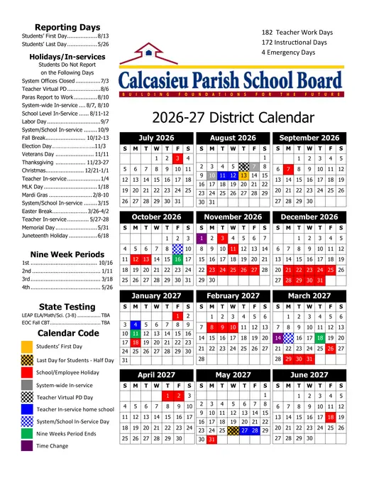 Calcasieu Parish School Board 2026–2027 Academic Calendar