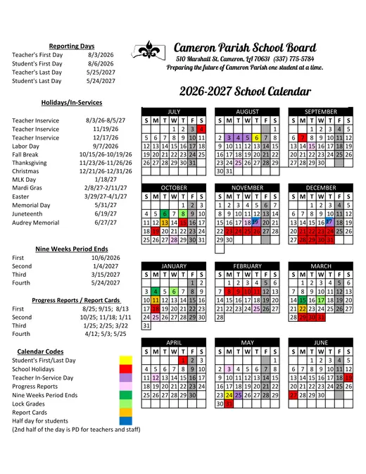 Cameron Parish School Board 2026–2027 Academic Calendar
