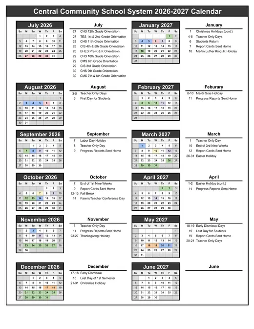 Central Community School System 2026–2027 Academic Calendar