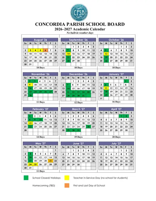 Concordia Parish School Board 2026–2027 Academic Calendar