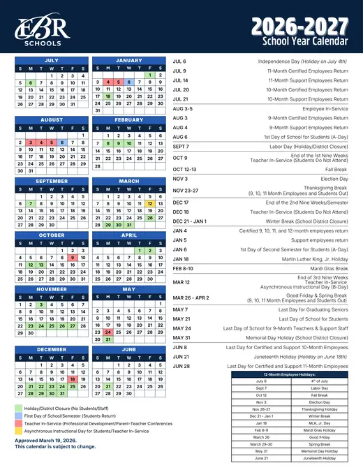 EBR Schools 2026–2027 Academic Calendar