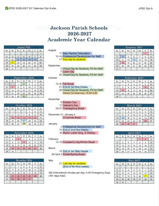 Jackson Parish Schools 2026–2027 Academic Calendar