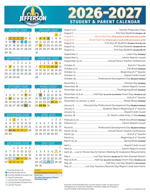 Jefferson Parish Schools 2026–2027 Academic Calendar