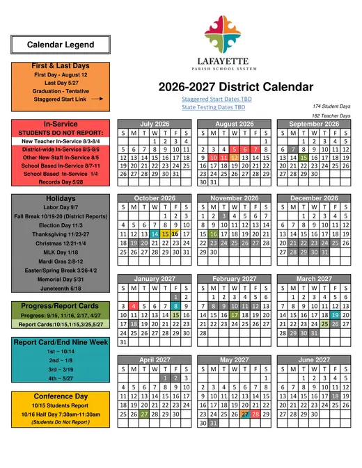 Lafayette Parish School System 2026–2027 Academic Calendar