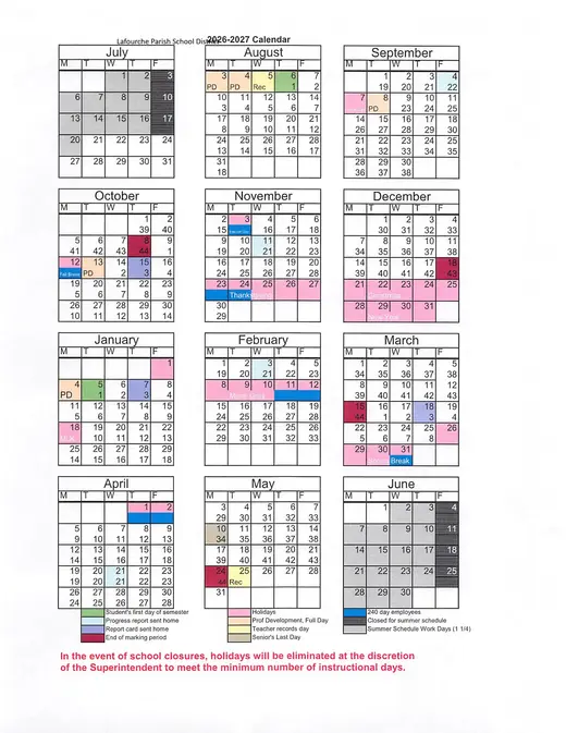 Lafourche Parish School District 2026–2027 Academic Calendar Page 2