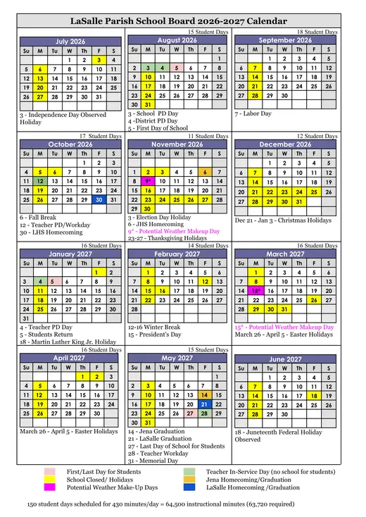 LaSalle Parish School Board 2026–2027 Academic Calendar