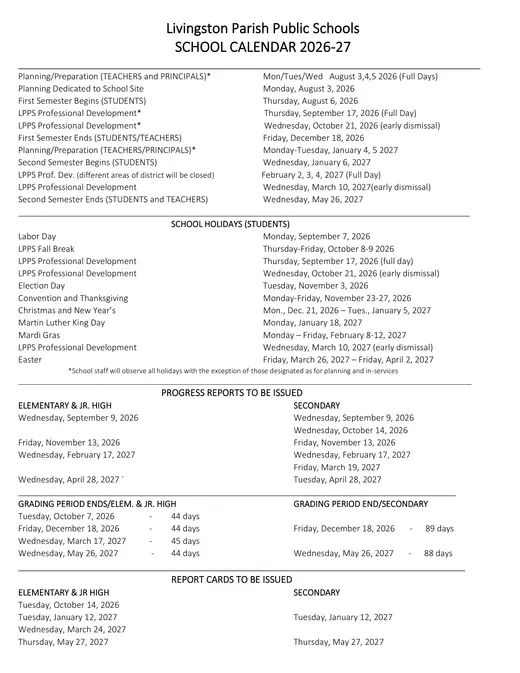 Livingston Parish Public Schools 2026–2027 Academic Calendar