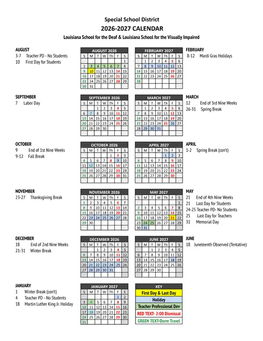 Louisiana School for the Deaf &amp; Louisiana School for the Visually Impaired 2026–2027 Academic Calendar