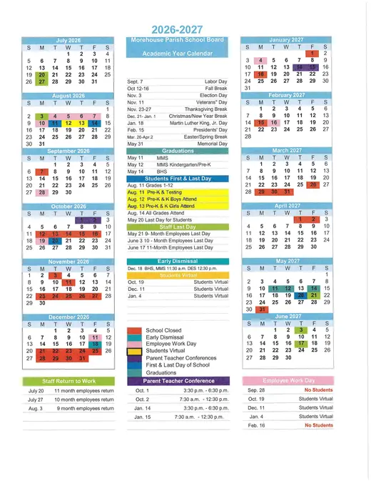 Morehouse Parish School Board 2026–2027 Academic Calendar