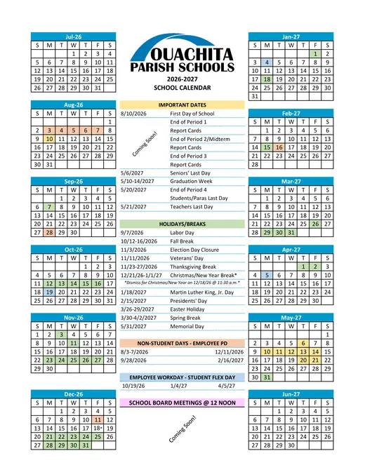Ouachita Parish Schools 2026–2027 Academic Calendar