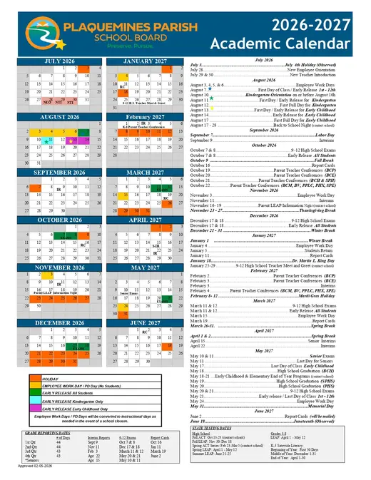 Parish School Board 2026–2027 Academic Calendar