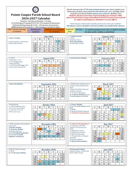 Pointe Coupee Parish School Board 2026–2027 Academic Calendar