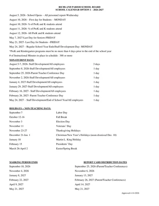 Richland Parish School Board 2026–2027 Academic Calendar