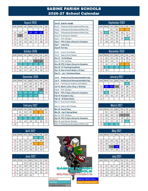 Sabine Parish Schools 2026–2027 Academic Calendar