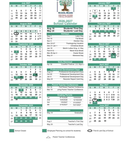 St. Bernard Parish Public Schools 2026–2027 Academic Calendar Page 1