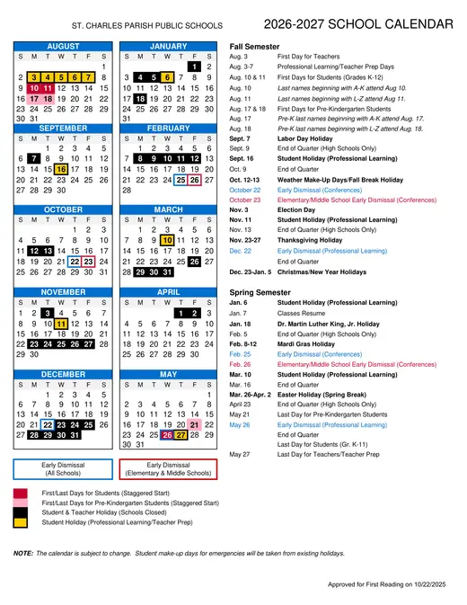 St. Charles Parish Public Schools 2026–2027 Academic Calendar