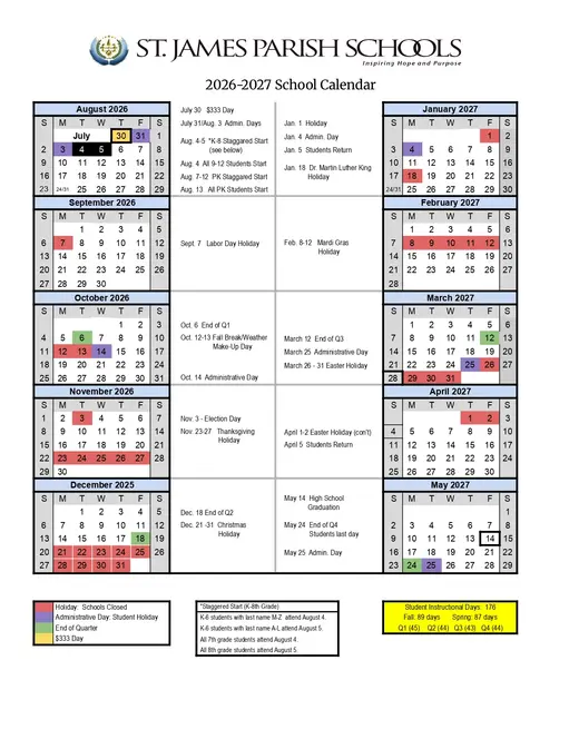 St. James Parish Schools 2026–2027 Academic Calendar