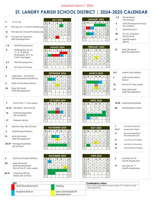 St. Landry Parish School District 2024–2025 Academic Calendar Page 1