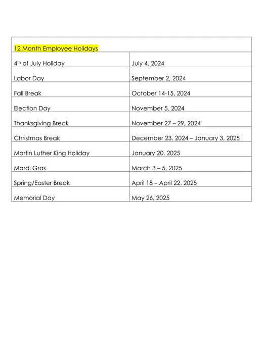 St. Landry Parish School District 2024–2025 Academic Calendar Page 2