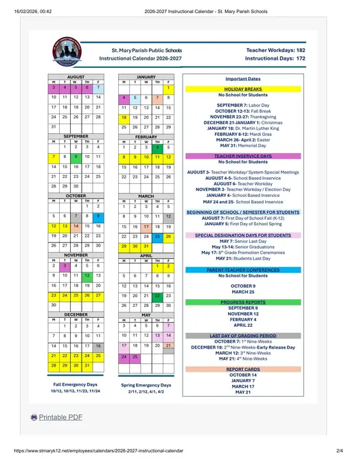 St. Mary Parish Public Schools 2026–2027 Academic Calendar Page 2