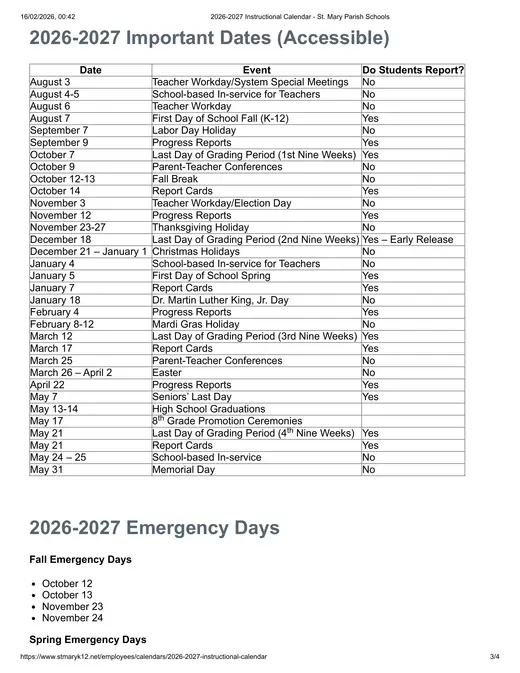 St. Mary Parish Public Schools 2026–2027 Academic Calendar Page 3