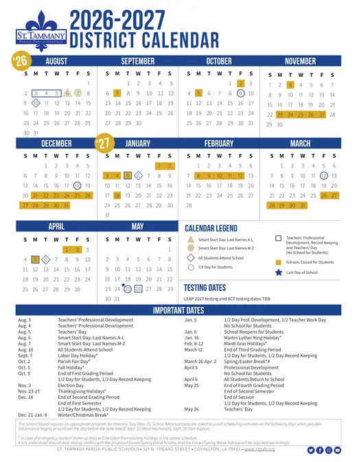 St. Tammany Parish Public Schools 2026–2027 Academic Calendar