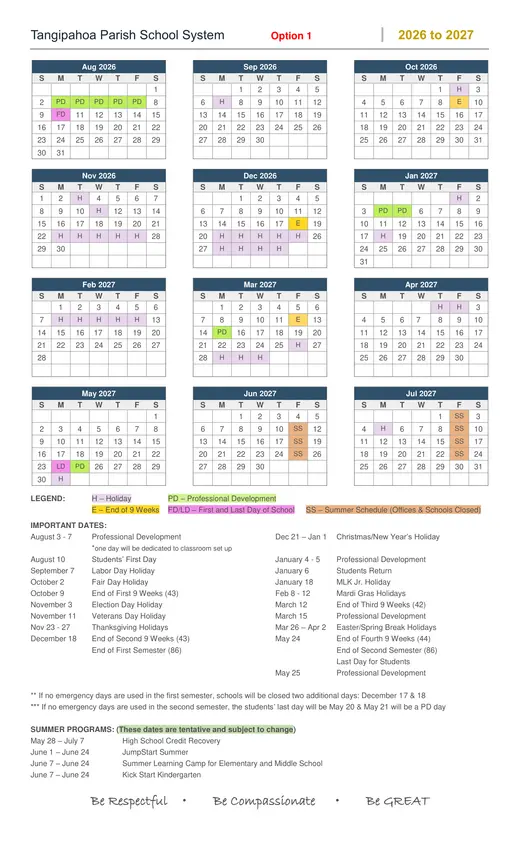 Tangipahoa Parish School System 2026–2027 Academic Calendar