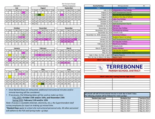 Terrebonne Parish School District 2026–2027 Academic Calendar