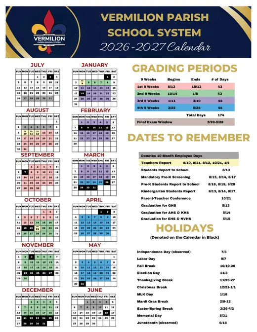 Vermilion Parish School System 2026–2027 Academic Calendar