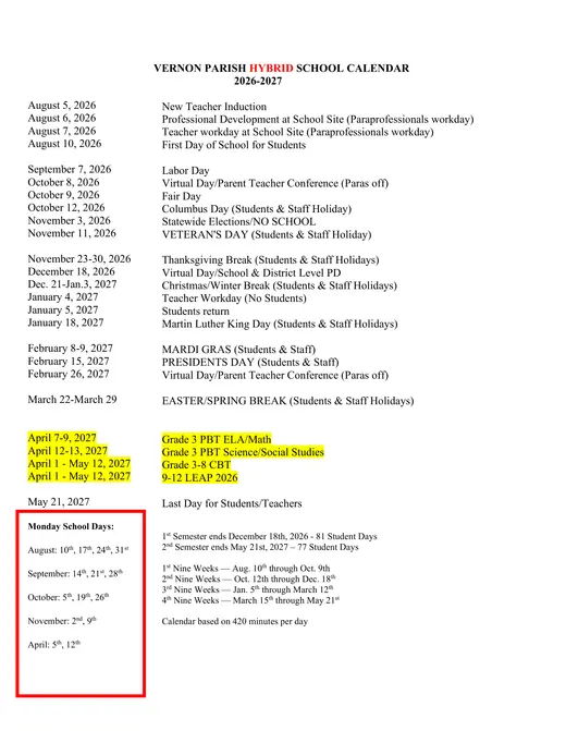 Vernon Parish School Board 2026–2027 Academic Calendar Page 1