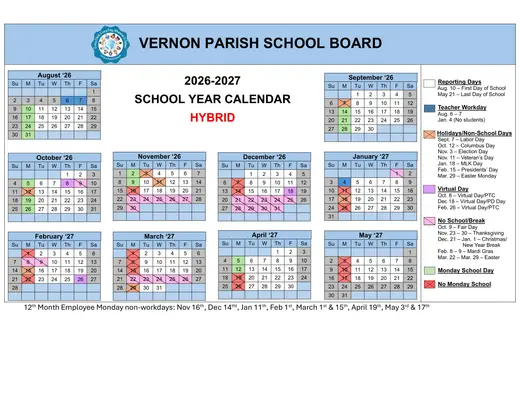 Vernon Parish School Board 2026–2027 Academic Calendar Page 2