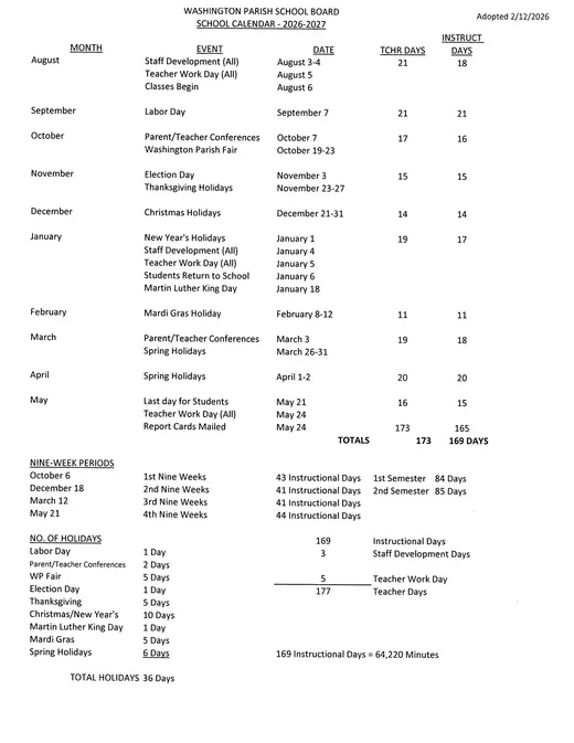 Washington Parish School Board 2026–2027 Academic Calendar