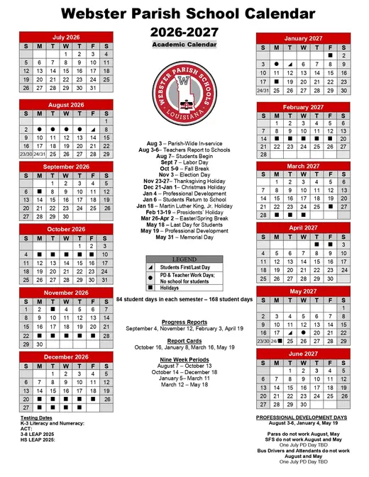 Webster Parish School System 2026–2027 Academic Calendar