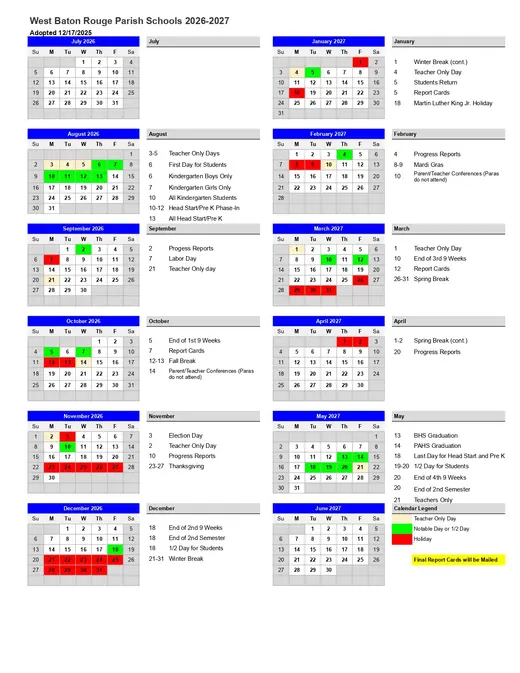 West Baton Rouge Parish Schools 2026–2027 Academic Calendar
