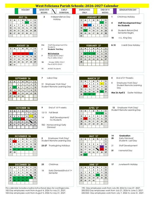 West Feliciana Parish Schools 2026–2027 Academic Calendar
