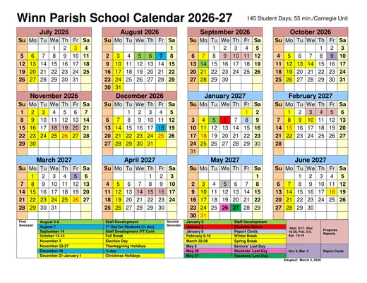 Winn Parish School 2026–2027 Academic Calendar