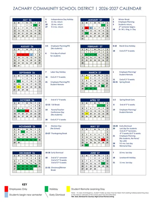 Zachary Community School District 2026–2027 Academic Calendar