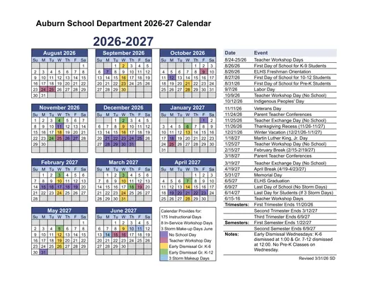 Auburn School Department 2026–2027 Academic Calendar