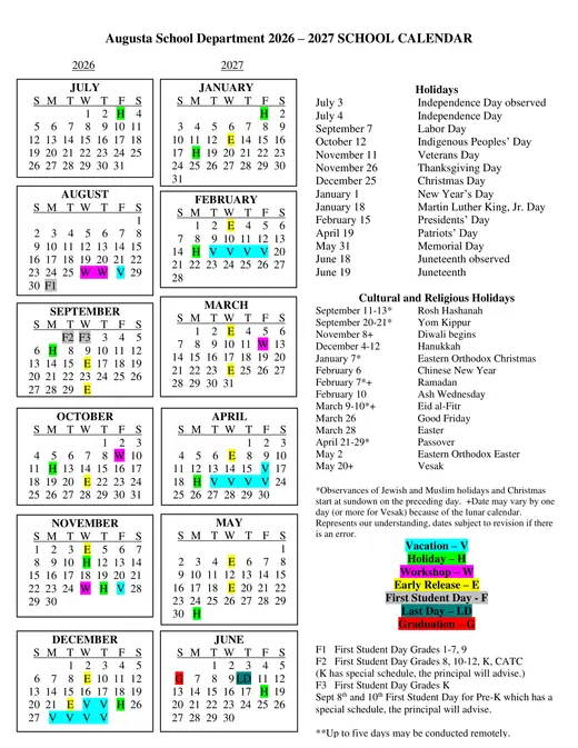 Augusta School Department 2026–2027 Academic Calendar