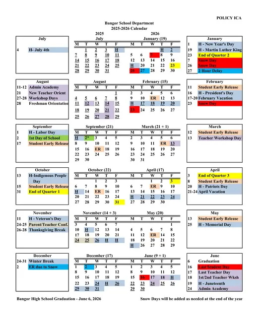 Bangor School Department 2025–2026 Academic Calendar Page 1