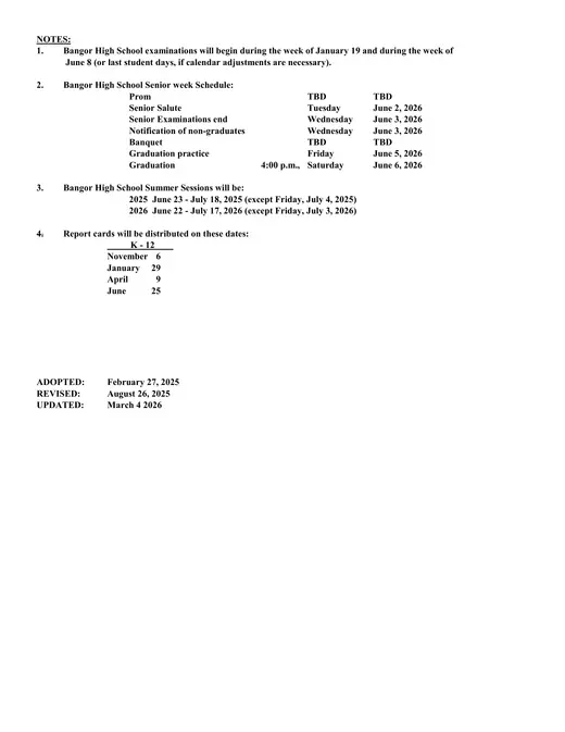 Bangor School Department 2025–2026 Academic Calendar Page 2