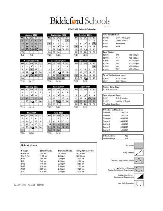 Biddeford Schools 2026–2027 Academic Calendar